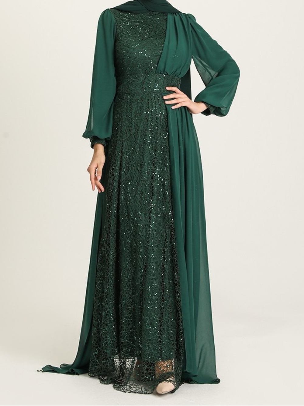 Emerald Green Modest Sequin Evening Dress